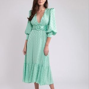 NWT PatBO Satin Jacquard Dot Belted Plunge Neck Midi Dress Aqua Mint Green Sz 10